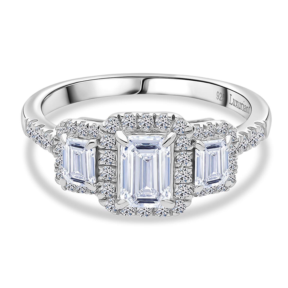 Luxuriant SI-GH Lab Grown Diamond Trilogy Halo Ring in Rhodium Overlay Sterling Silver 1.50 Ct.