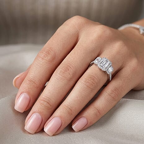 Luxuriant SI-GH Lab Grown Diamond Trilogy Halo Ring in Rhodium Overlay Sterling Silver 1.50 Ct.