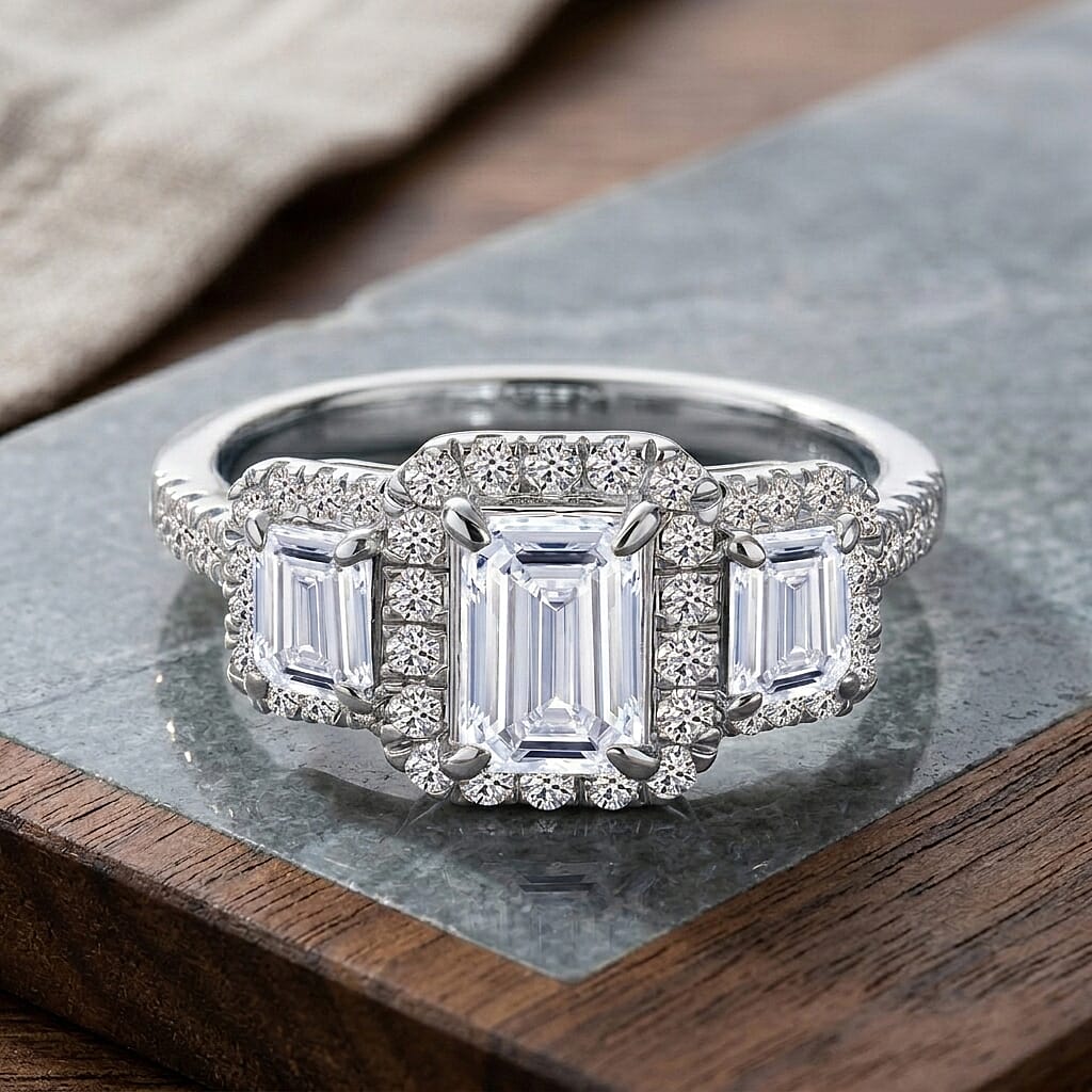 Luxuriant SI-GH Lab Grown Diamond Trilogy Halo Ring in Rhodium Overlay Sterling Silver 1.50 Ct.