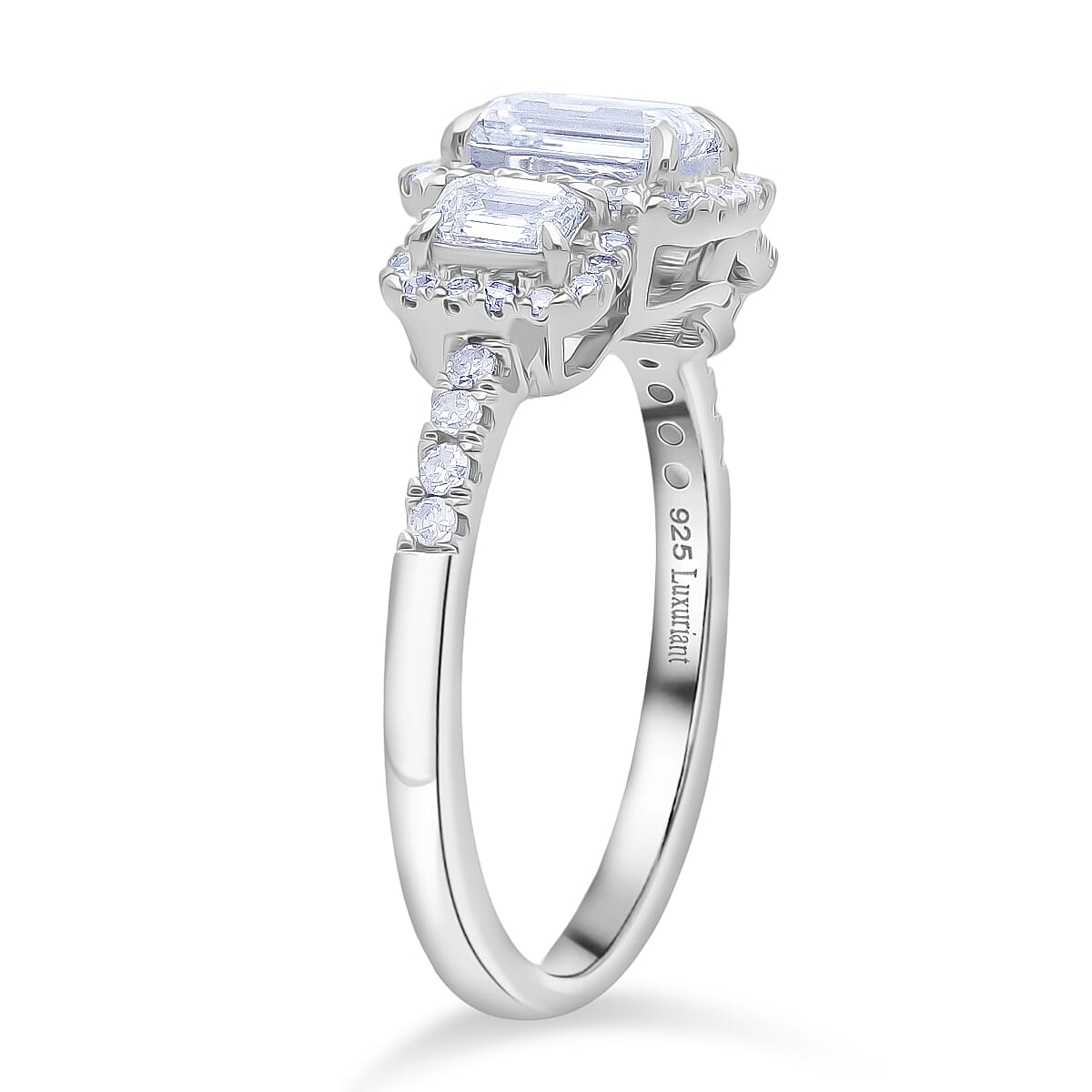 Luxuriant SI-GH Lab Grown Diamond Trilogy Halo Ring in Rhodium Overlay Sterling Silver 1.50 Ct.