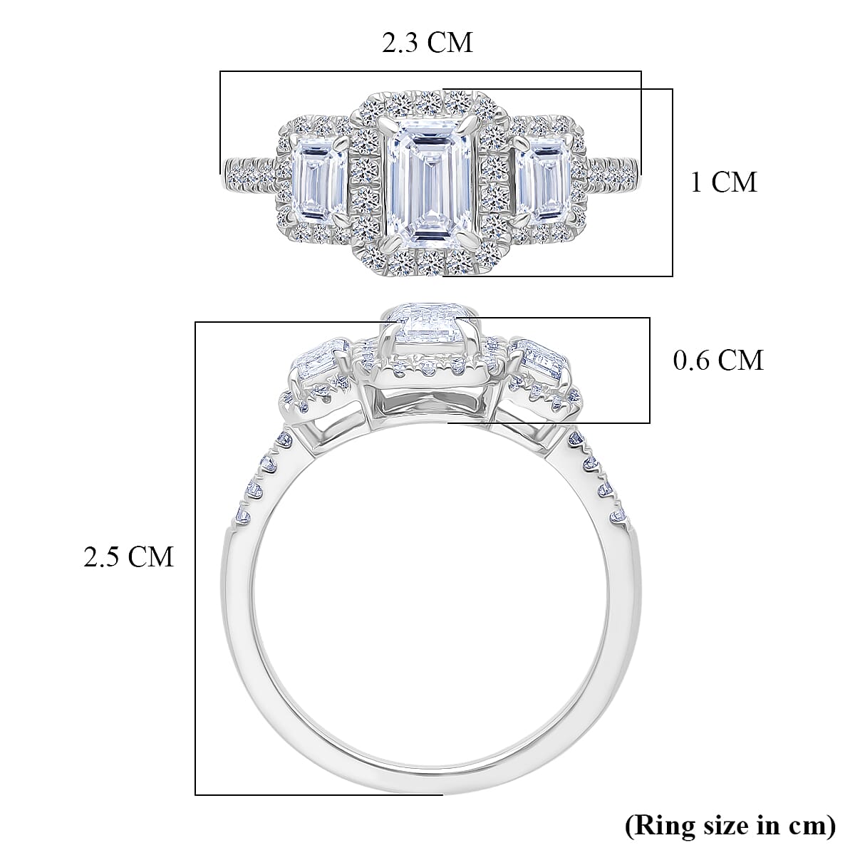 Luxuriant SI-GH Lab Grown Diamond Trilogy Halo Ring in Rhodium Overlay Sterling Silver 1.50 Ct.
