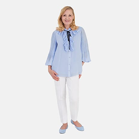 Marina Kaneva Ruffled Front Tie Neckline Blouse (Size - 14) - Light Blue