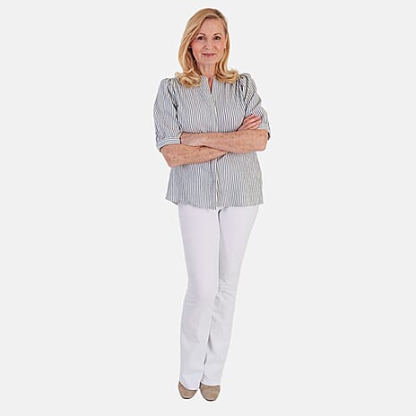 Marina Kaneva Striped V-Neck Line Blouse (Size 8) - Blue
