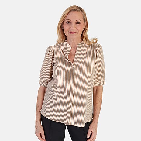 Marina Kaneva Striped V-Neck Line Blouse (Size 8) - Beige