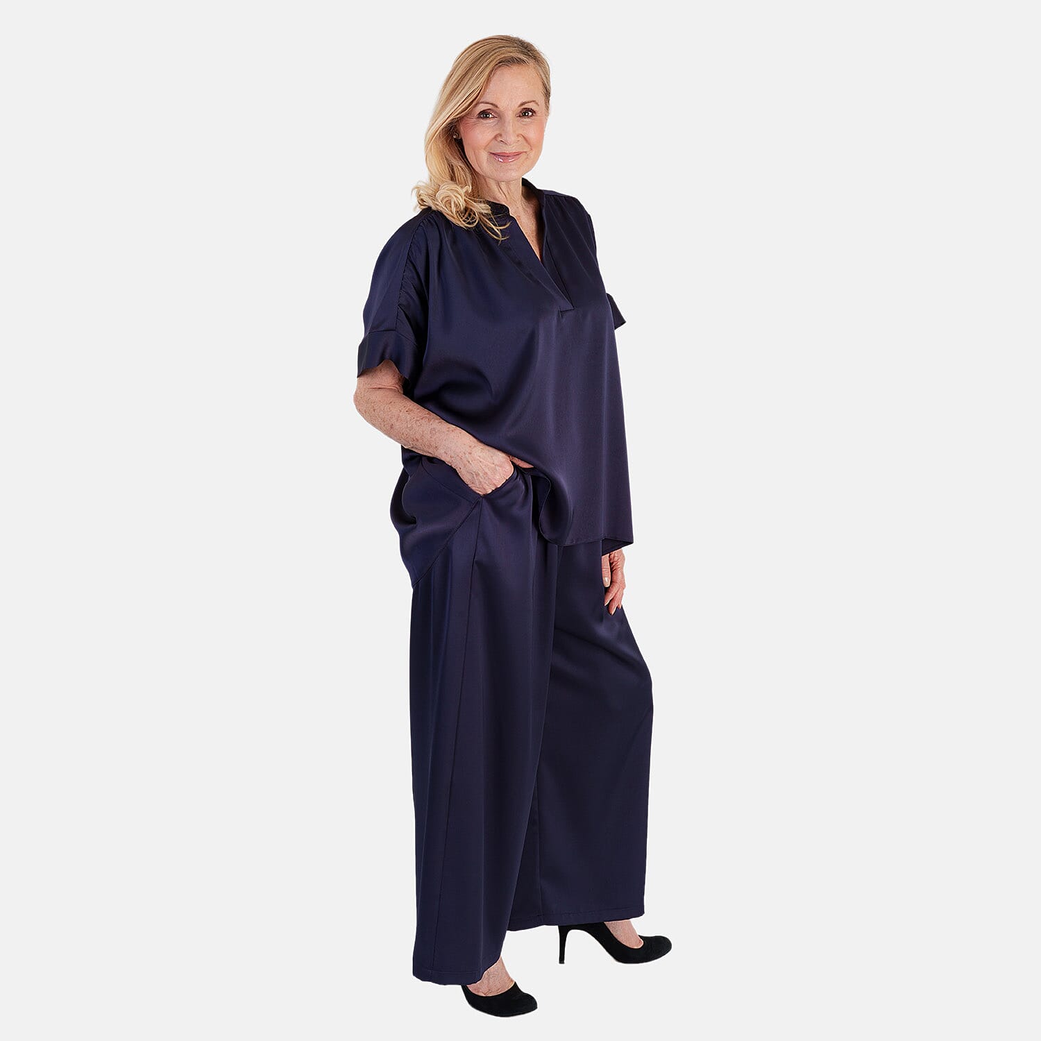 OSO Elegant Matching Top With Wide Leg Trousers Set (One Size, 10 to 18) - Navy