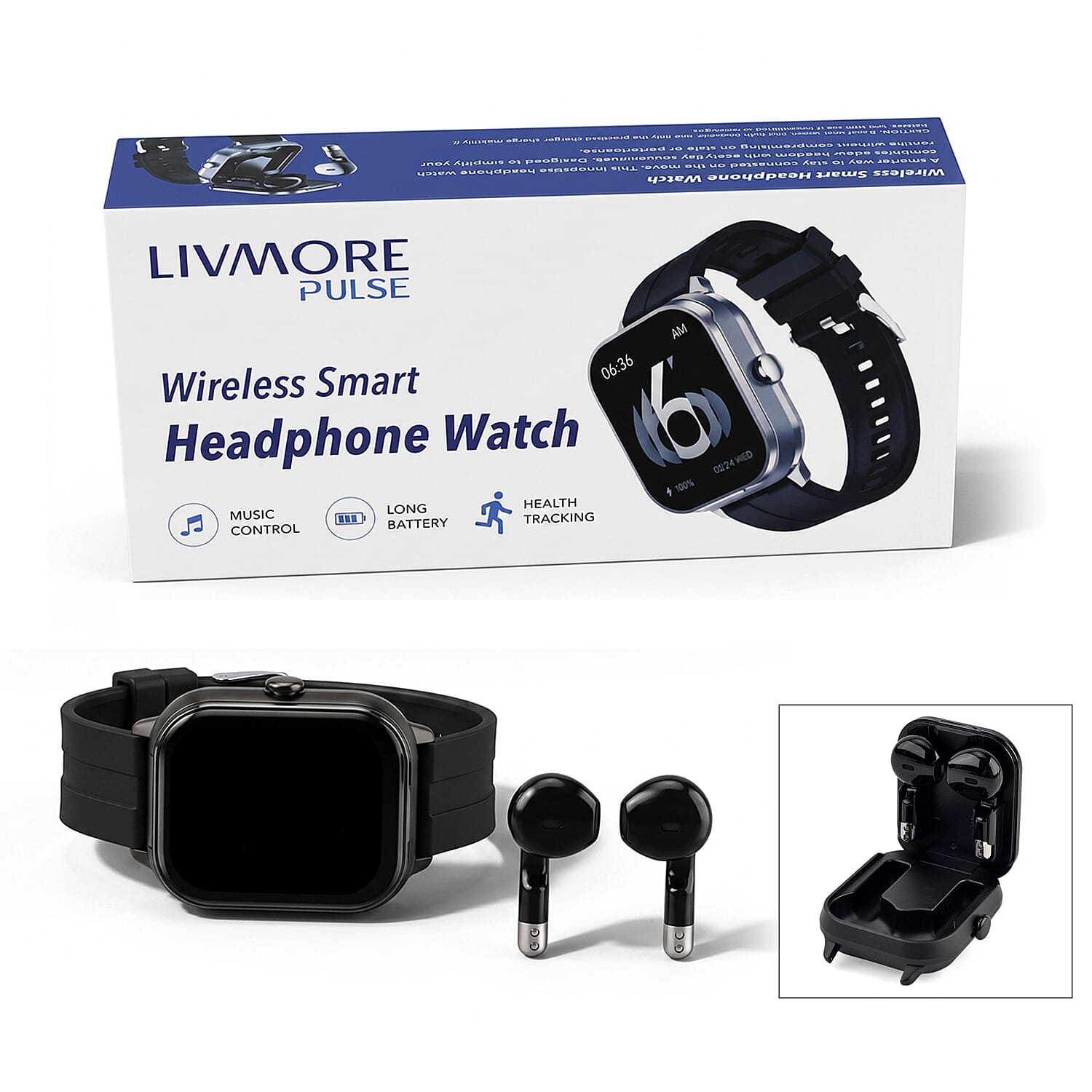 2 in 1 Integrated Wireless Earbuds Smartwatch Combo - Premium NFC Bluetooth Calling Watch with Heart Rate Blood Pressure Sleep Monitor Size 240mAh Battery 15 Day Lifetime - Black