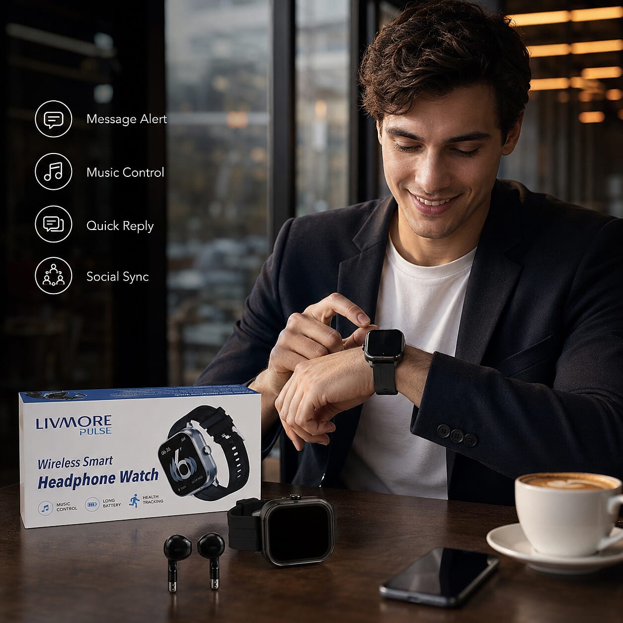 2 in 1 Integrated Wireless Earbuds Smartwatch Combo - Premium NFC Bluetooth Calling Watch with Heart Rate Blood Pressure Sleep Monitor Size 240mAh Battery 15 Day Lifetime - Black