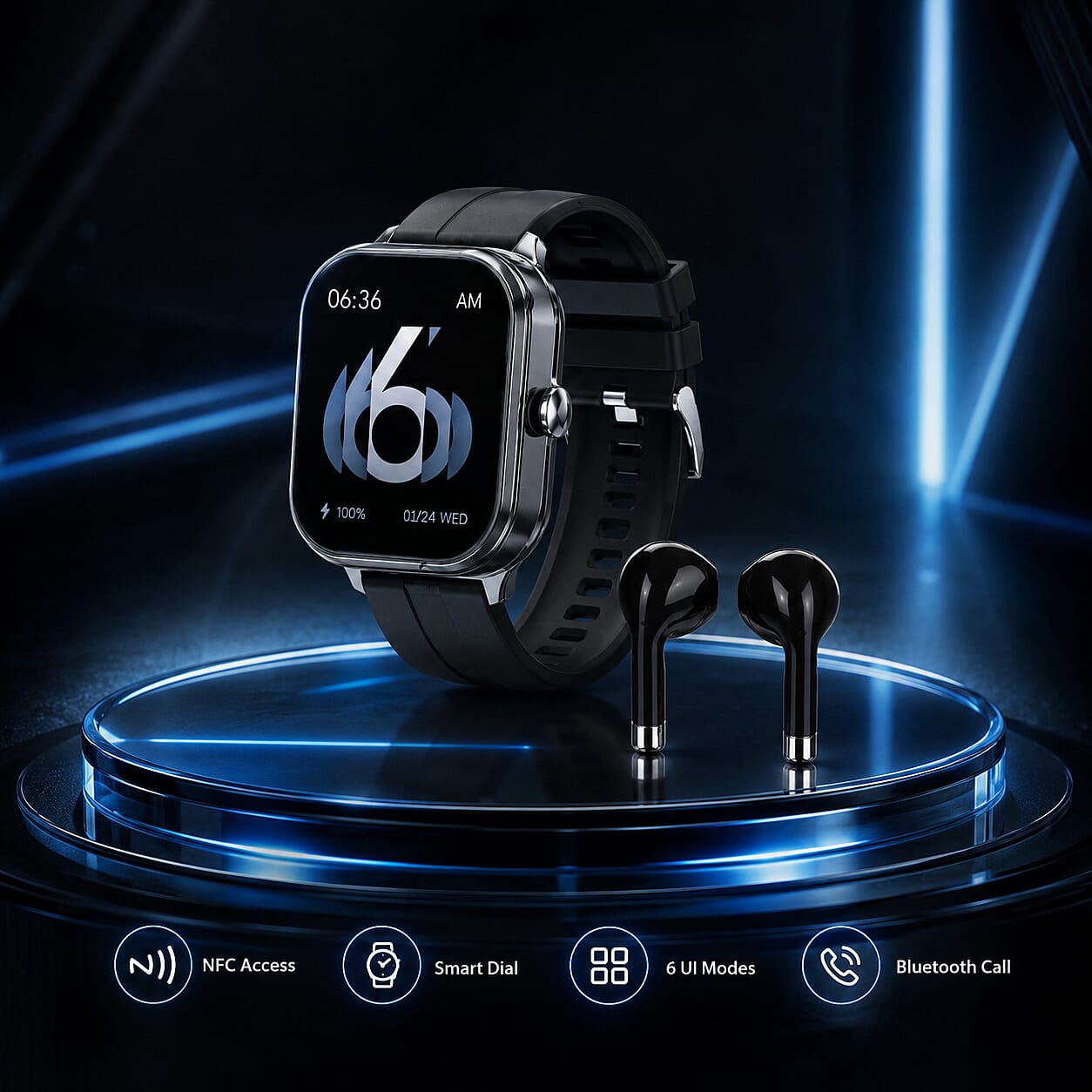 2 in 1 Integrated Wireless Earbuds Smartwatch Combo - Premium NFC Bluetooth Calling Watch with Heart Rate Blood Pressure Sleep Monitor Size 240mAh Battery 15 Day Lifetime - Black