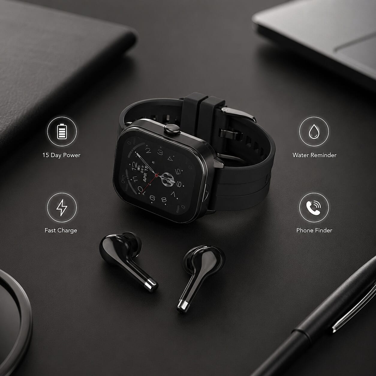2 in 1 Integrated Wireless Earbuds Smartwatch Combo - Premium NFC Bluetooth Calling Watch with Heart Rate Blood Pressure Sleep Monitor Size 240mAh Battery 15 Day Lifetime - Black