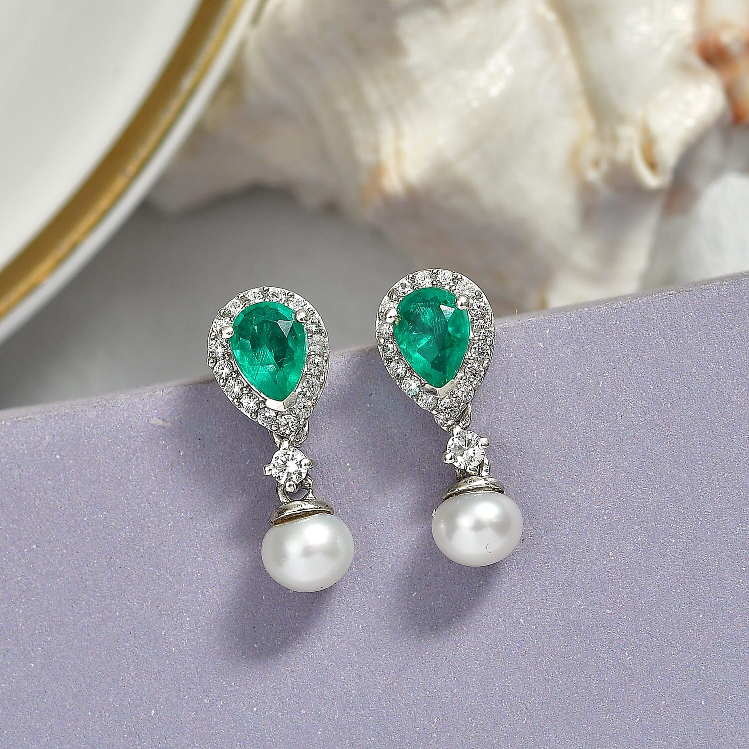 D'Joy Emeraldine Triplet Quartz, White Zircon & Pearl Dangling Earring with Push Post in Platinum Overlay Sterling Silver 4.84 Ct.