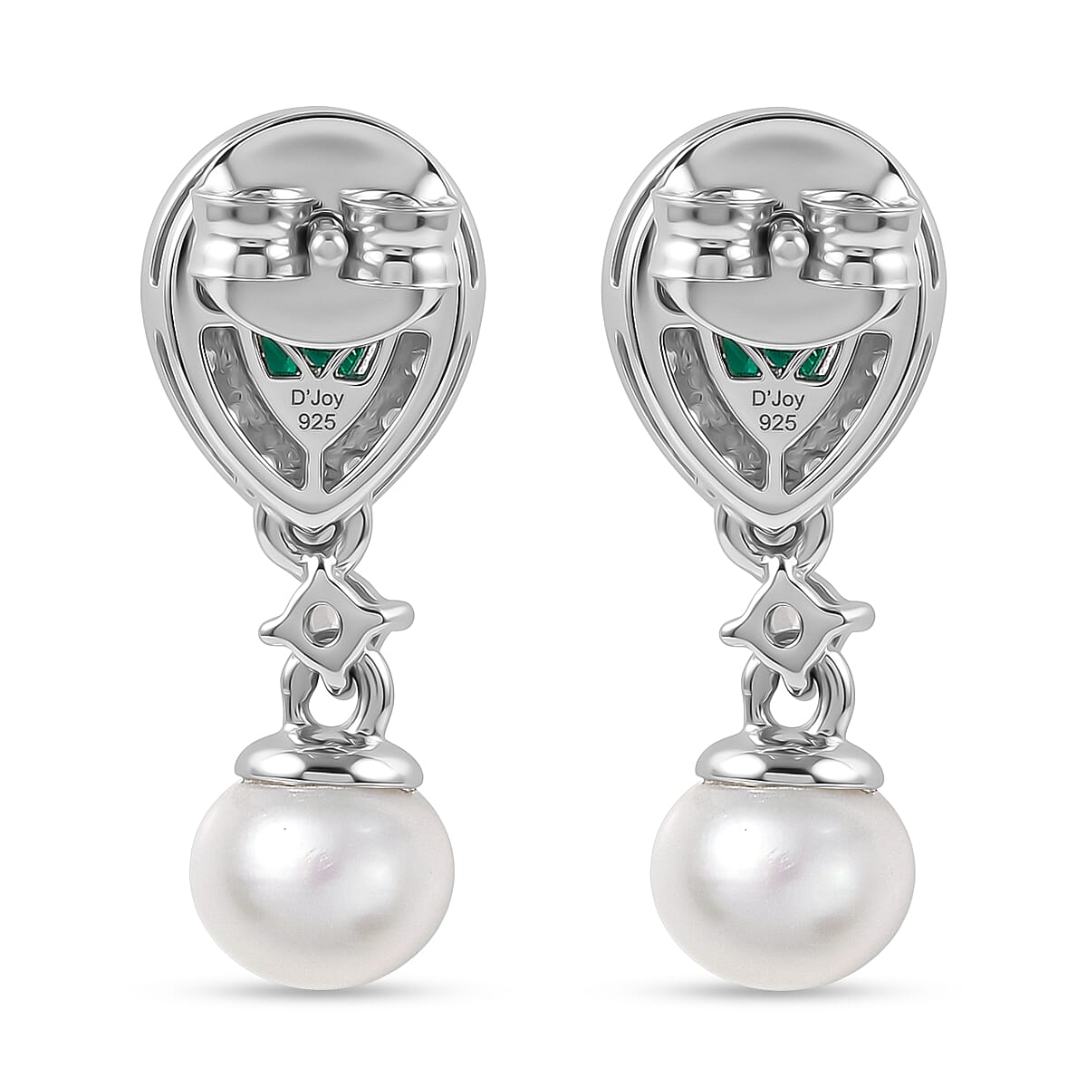 D'Joy Emeraldine Triplet Quartz, White Zircon & Pearl Dangling Earring with Push Post in Platinum Overlay Sterling Silver 4.84 Ct.