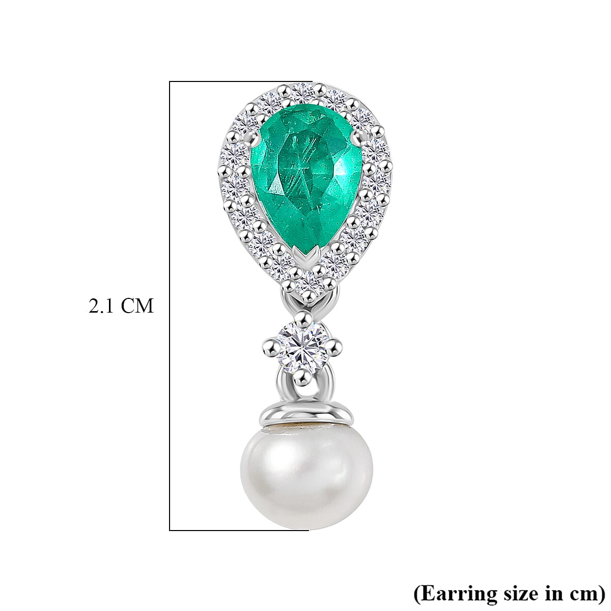 D'Joy Emeraldine Triplet Quartz, White Zircon & Pearl Dangling Earring with Push Post in Platinum Overlay Sterling Silver 4.84 Ct.