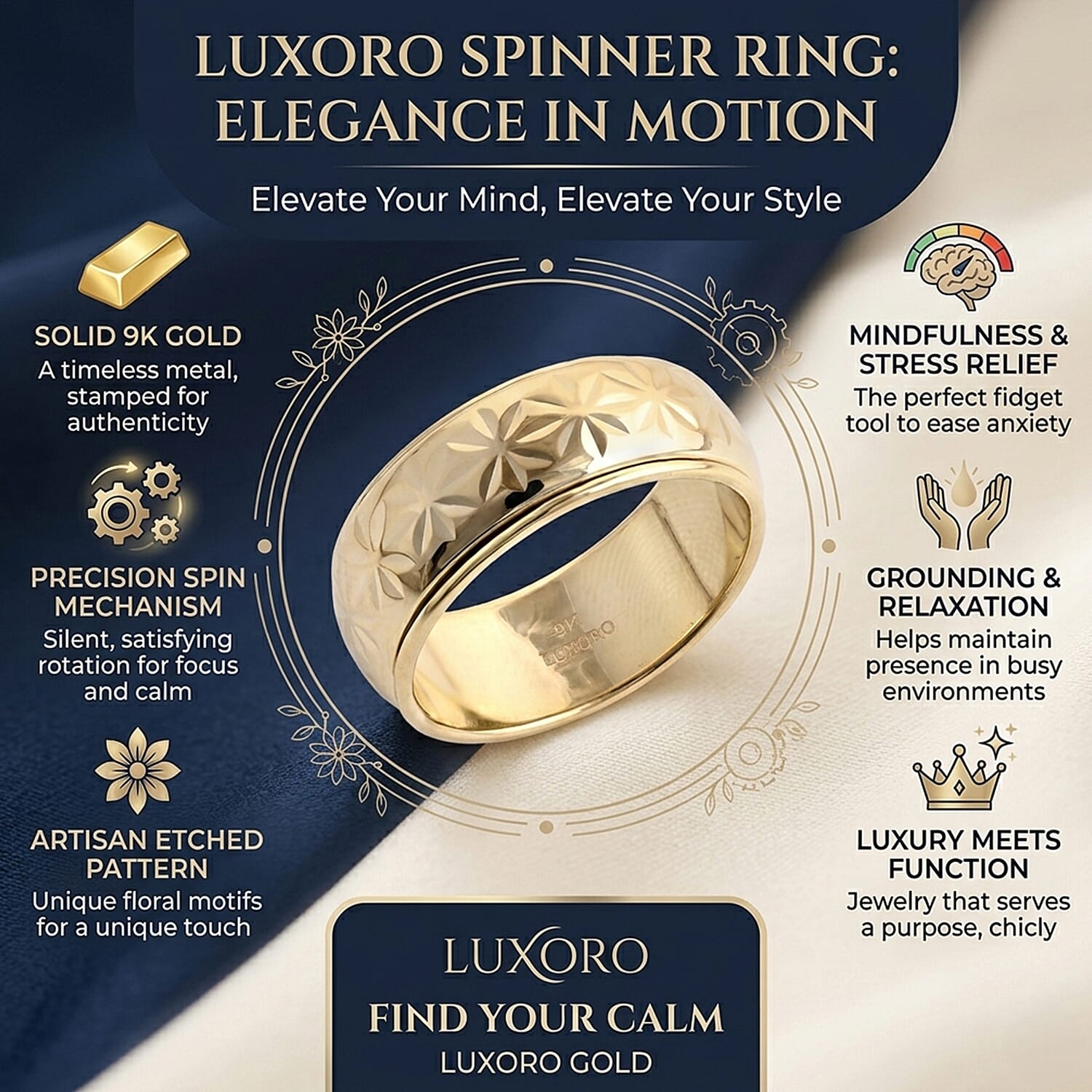Royal Bali Collection - 9K Yellow Gold Floral Band Spinner Ring