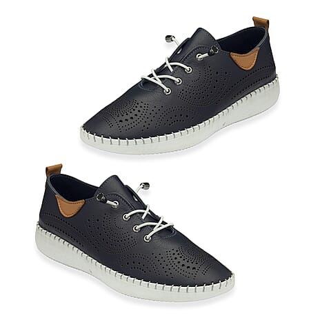 Lotus Womens Tassia Premium Leather Laser Cut Detail Lace Up Shoes (Size 3) - Navy
