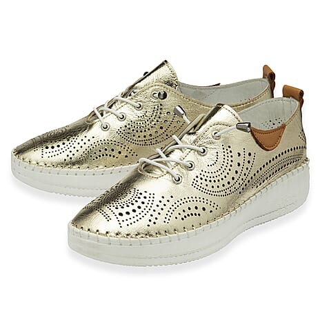 Lotus Womens Tassia Premium Leather Laser Cut Detail Lace Up Shoes (Size 4) - Gold