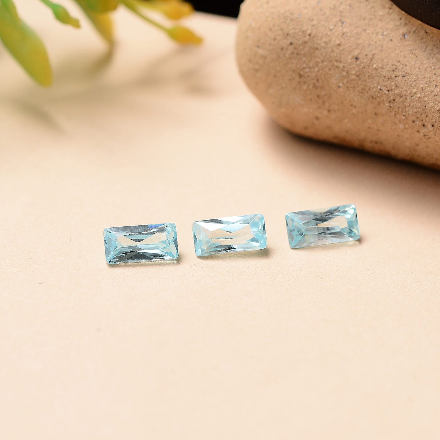 Set Of 3 Aqua Cubic Zirconia Baguette 6X3 mm Gemstone, 1.64 Ct