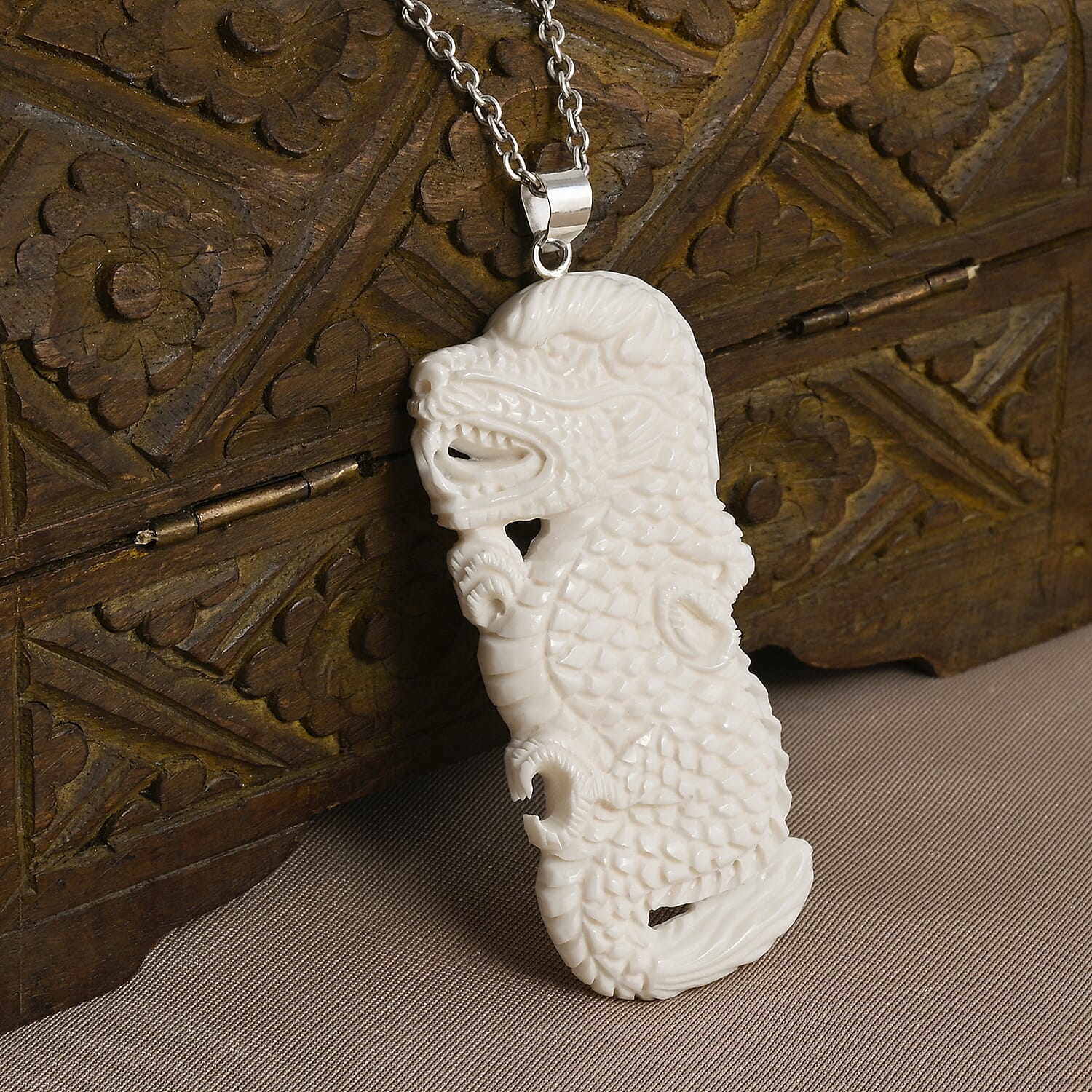 Royal Bali Collection - Ox Bone Sterling Silver Carving Dragon Pendant 49.23 Ct.