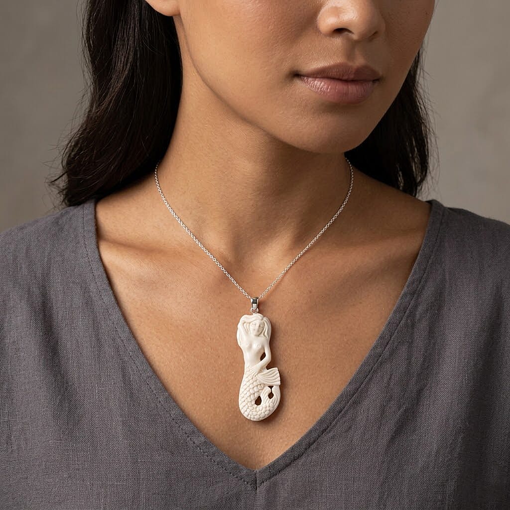 Royal Bali Collection - Ox Bone Carving Cut Mermaid Pendant in  Sterling Silver 25.17 Ct.