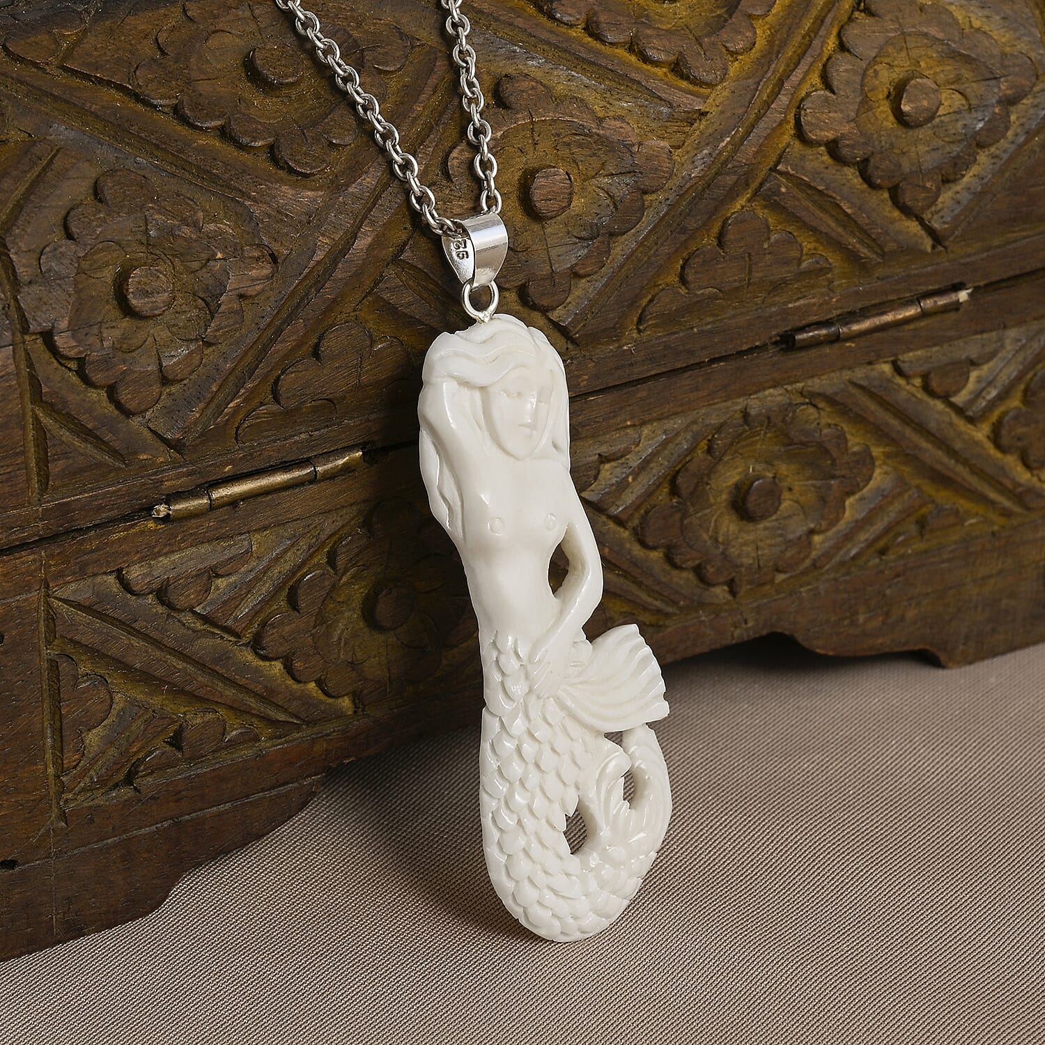 Royal Bali Collection - Ox Bone Carving Cut Mermaid Pendant in  Sterling Silver 25.17 Ct.