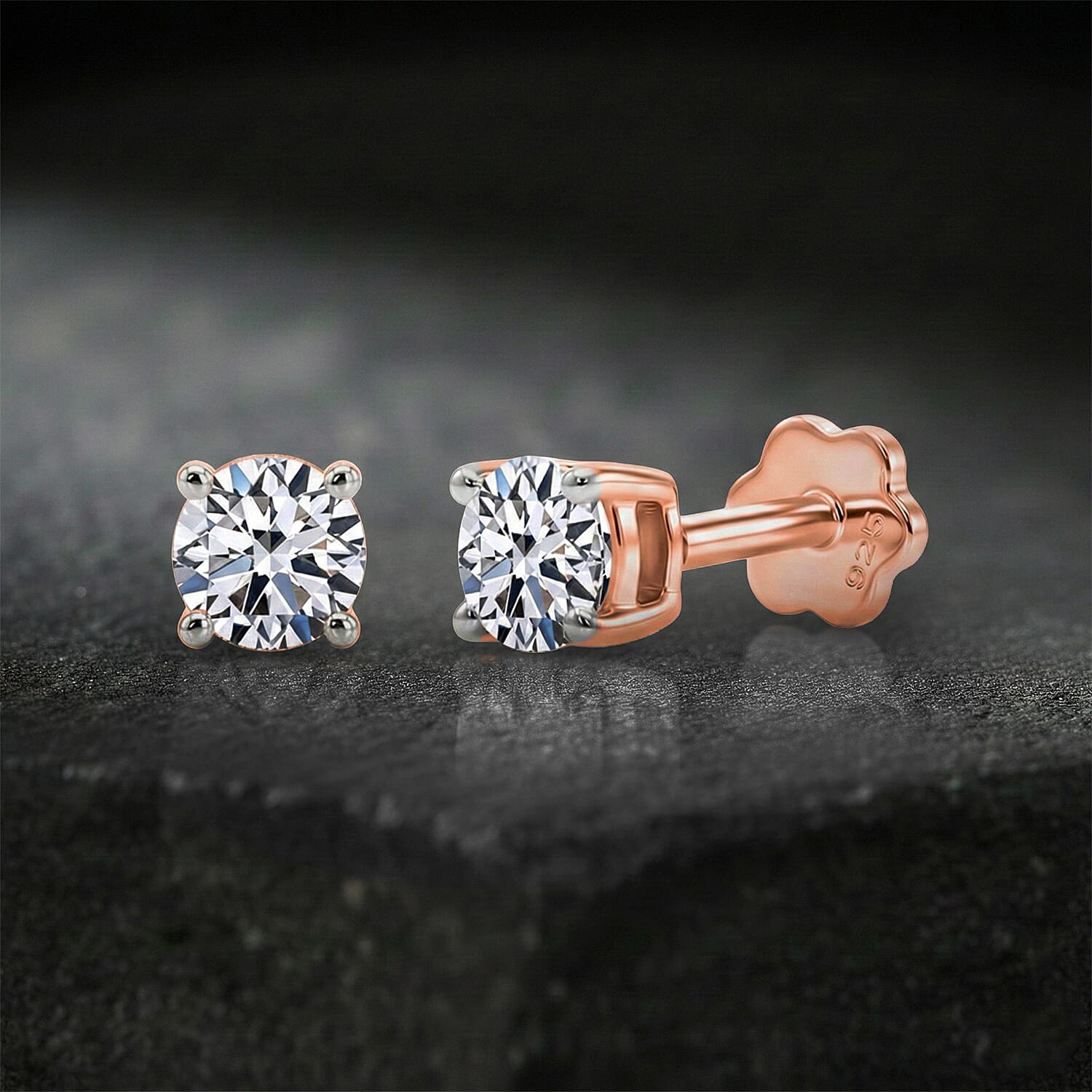 Luxuriant SI-GH Lab Grown Diamond Solitaire Earring with Screw Back in 18K Vermeil Rose Gold Plated Sterling Silver 0.50 Ct.