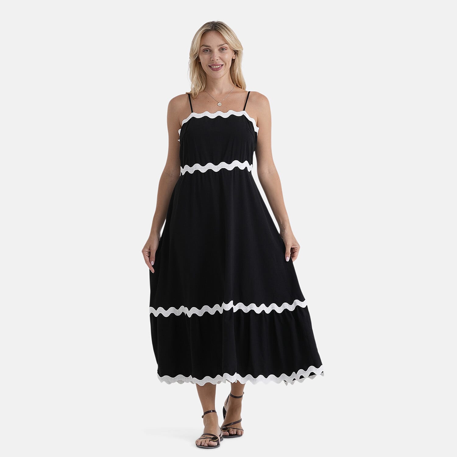 La Marey Square Neck Contrast Scallop Midi Dress