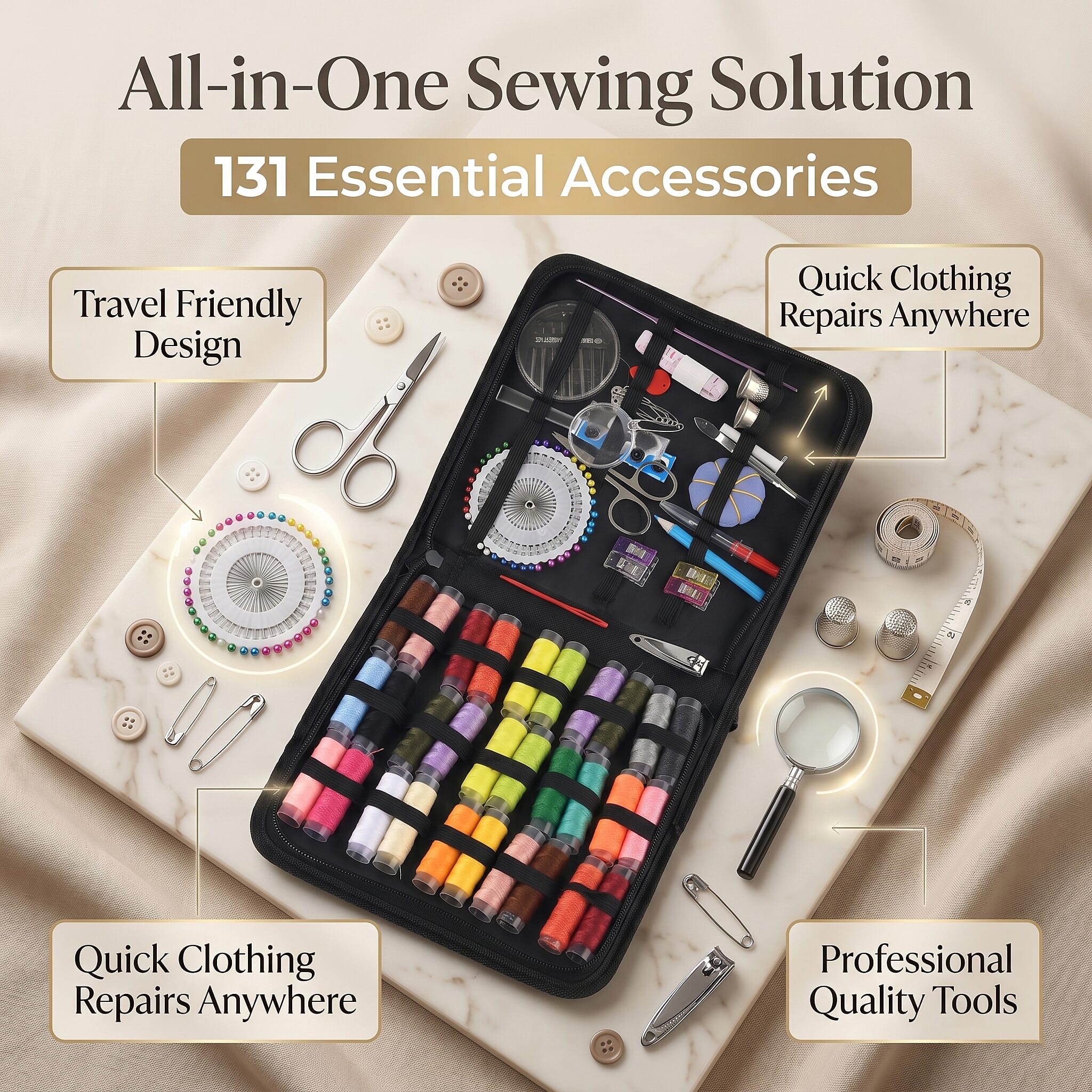 131 Pcs Complete Sewing kit with Case - Includes 30 Colour Threads