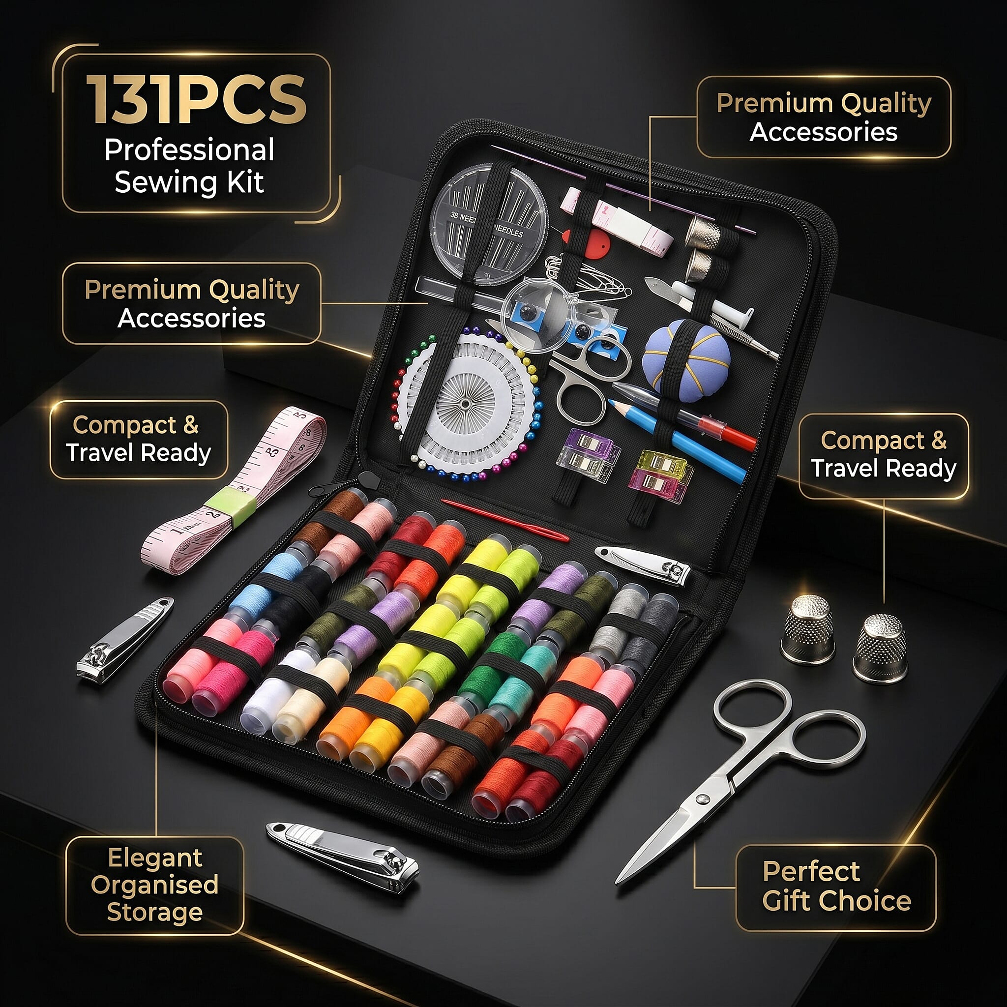 131 Pcs Complete Sewing kit with Case - Includes 30 Colour Threads