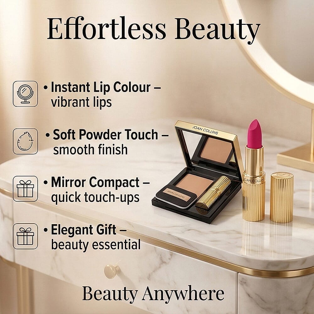 Joan Collins Timeless Beauty Compact Duo Lipstick & Powder - Fontaine (Hot Pink)