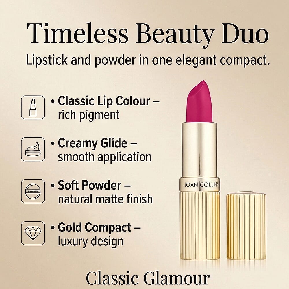Joan Collins Timeless Beauty Compact Duo Lipstick & Powder - Fontaine (Hot Pink)