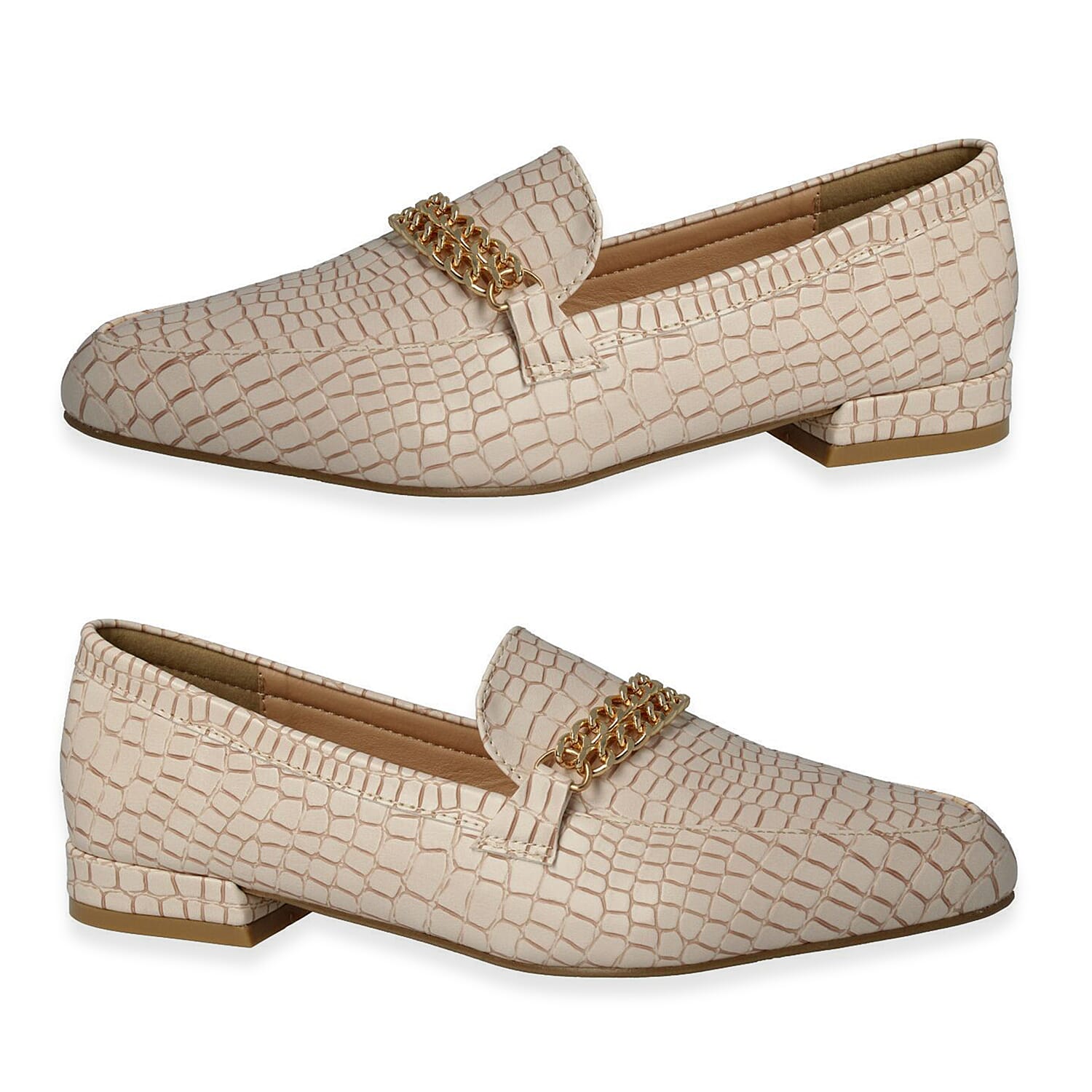 Mock-Croc Texture Wide Fitting Slip-On Loafers With Gold Chain Detail