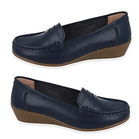 Down To Earth Womens Action Leather Wide Fit Comfort Wedge Loafers (Size 5) - Navy