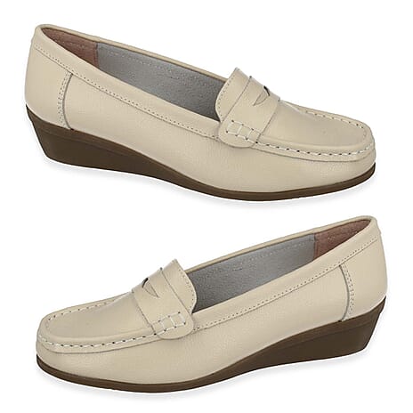Down To Earth Womens Action Leather Wide Fit Comfort Wedge Loafers (Size 3) - Beige