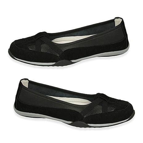Down To Earth Ladies Action Leather Ballerina Shoes With Criss-Cross Elasticated Vamp Straps (Size - 7) - Black