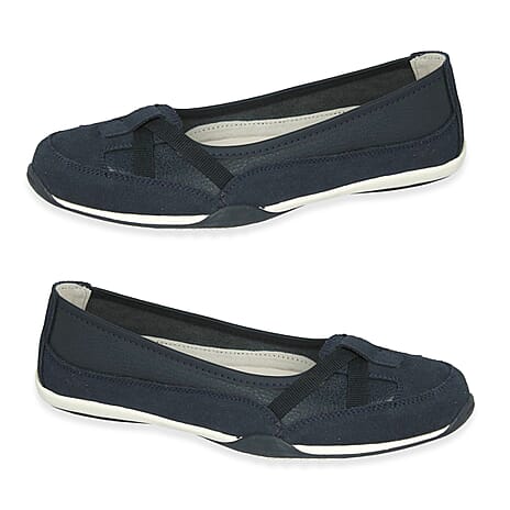 Down To Earth Ladies Action Leather Ballerina Shoes With Criss-Cross Elasticated Vamp Straps (Size - 4) - Navy