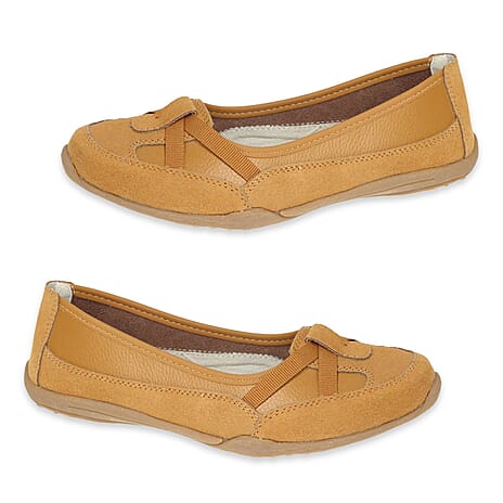 Down To Earth Ladies Action Leather Ballerina Shoes With Criss-Cross Elasticated Vamp Straps (Size - 3) - Tan
