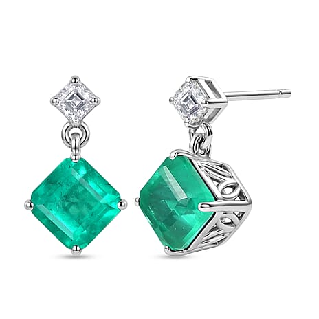 D'Joy Emeraldine Triplet Quartz & Moissanite Dangling Earring with Push Post in Platinum Overlay Sterling Silver 4.06 Ct.