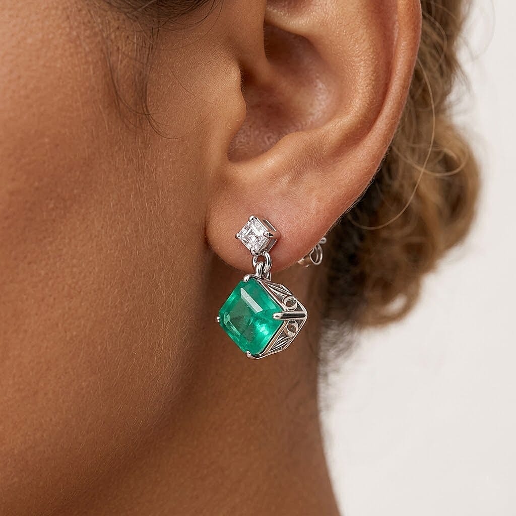 D'Joy Emeraldine Triplet Quartz & Moissanite Dangling Earring with Push Post in Platinum Overlay Sterling Silver 4.06 Ct.