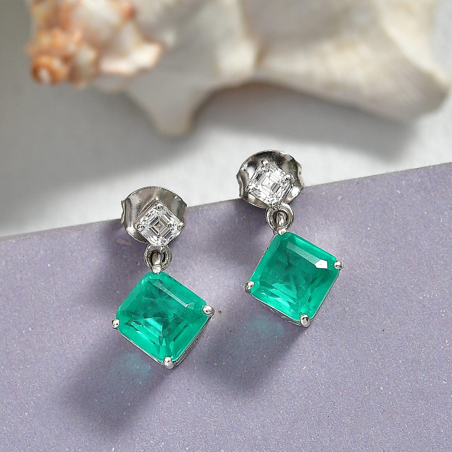 D'Joy Emeraldine Triplet Quartz & Moissanite Dangling Earring with Push Post in Platinum Overlay Sterling Silver 4.06 Ct.