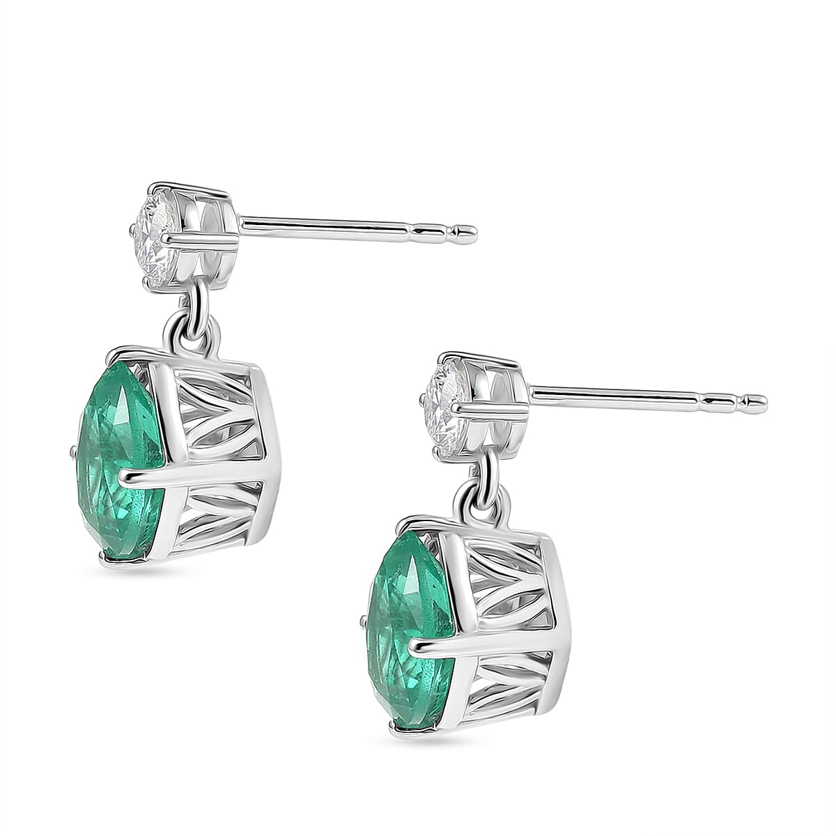 D'Joy Emeraldine Triplet Quartz & Moissanite Dangling Earring with Push Post in Platinum Overlay Sterling Silver 4.06 Ct.