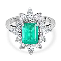 D'Joy Emeraldine Triplet Quartz & White Topaz Halo Ring in Rhodium Overlay Sterling Silver 3.54 Ct.