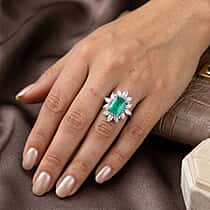 D'Joy Emeraldine Triplet Quartz & White Topaz Halo Ring in Rhodium Overlay Sterling Silver 3.54 Ct.