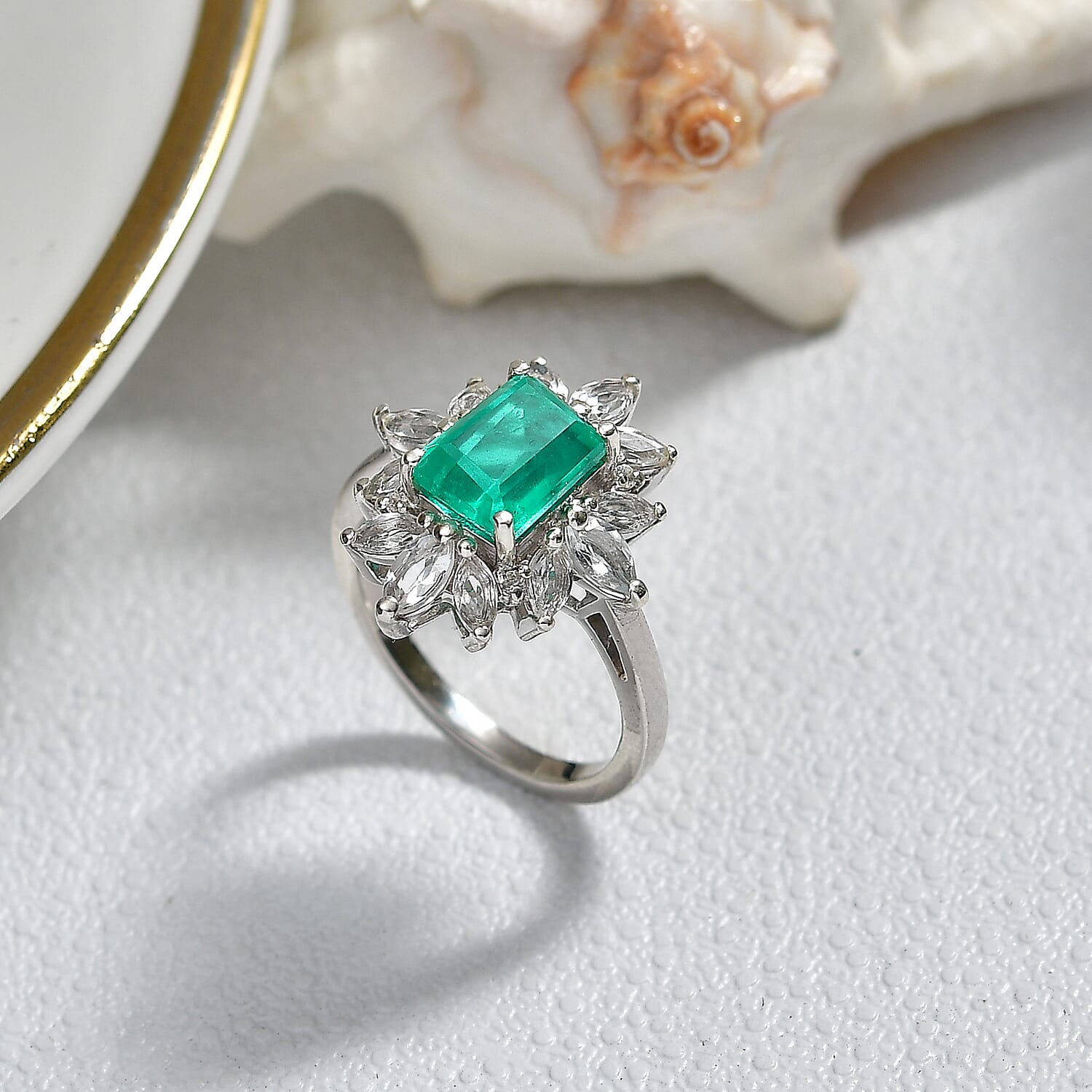 D'Joy Emeraldine Triplet Quartz & White Topaz Halo Ring in Rhodium Overlay Sterling Silver 3.54 Ct.
