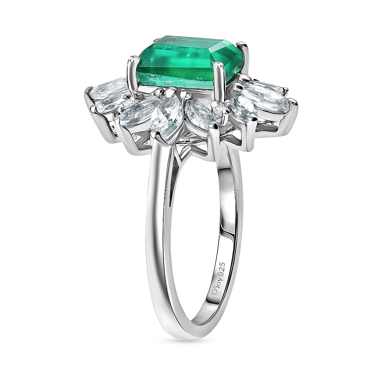D'Joy Emeraldine Triplet Quartz & White Topaz Halo Ring in Rhodium Overlay Sterling Silver 3.54 Ct.