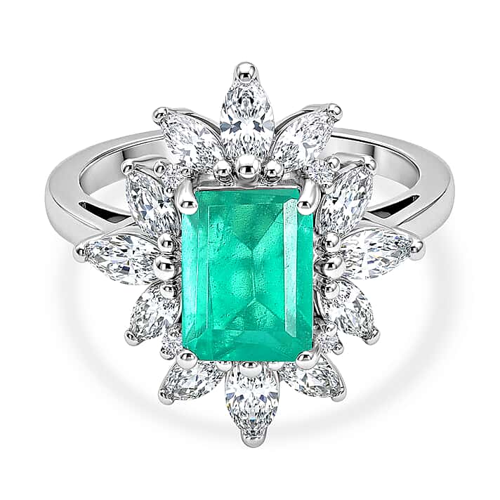 D'Joy Emeraldine Triplet Quartz & White Topaz Halo Ring in Rhodium Overlay Sterling Silver 3.54 Ct.