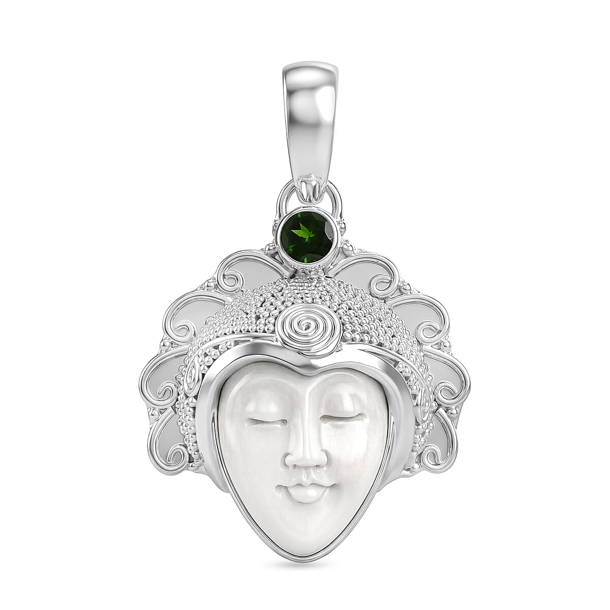Royal Bali Collection - D'Joy Ox Bone & Natural Chrome Diopside Sterling Silver Pendant  2.05 Ct, Silver Wt. 12.50 Gms