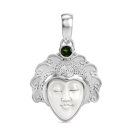 Royal Bali Collection - D'Joy Ox Bone & Natural Chrome Diopside Sterling Silver Pendant  2.05 Ct, Silver Wt. 12.50 Gms