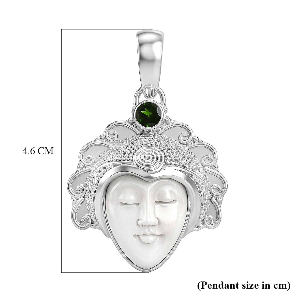 Royal Bali Collection - D'Joy Ox Bone & Natural Chrome Diopside Sterling Silver Pendant  2.05 Ct, Silver Wt. 12.50 Gms