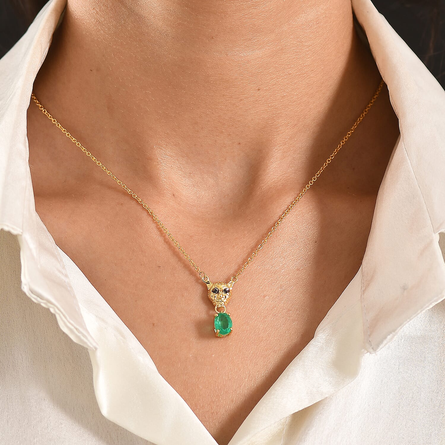 D'Joy Emeraldine Triplet Oval Cut & Black Spinel Necklace (Size - 20) in Yellow Gold Tone 1.62 Ct.