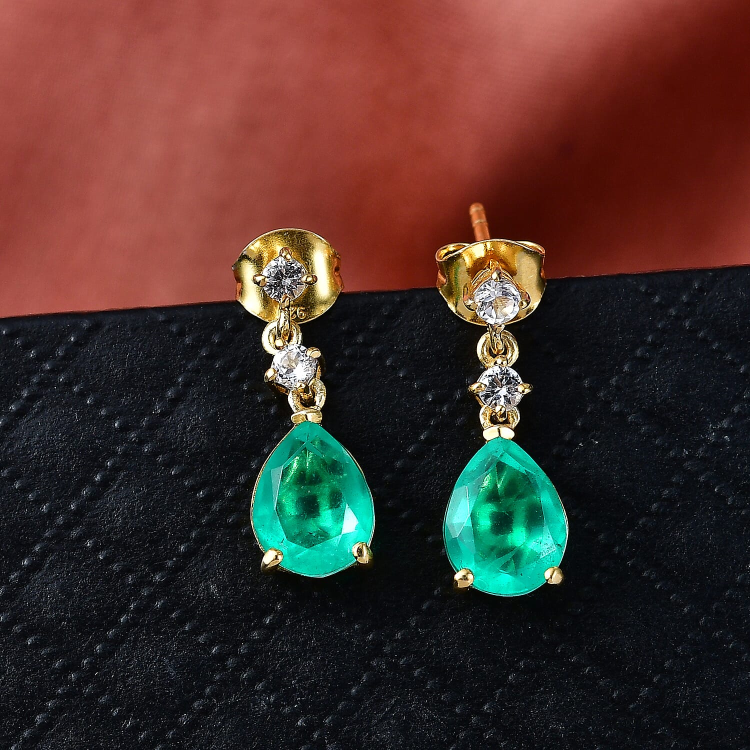 D'Joy Emeraldine Triplet Quartz & White Topaz Pear Cut Dangling Earring in Yellow Gold Plated Sterling Silver 4.00 Ct.
