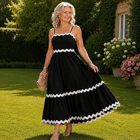 La Marey Square Neck Contrast Scallop Midi Dress (Size M, 12-14) - Black